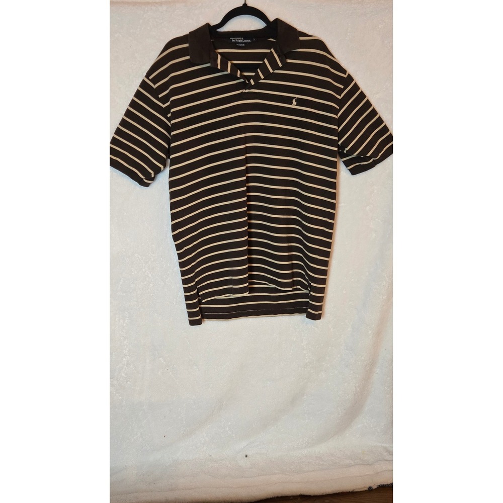 Polo Ralph Lauren Mens Large Brown White Striped Short Sleeve Cotton Polo Shirt
